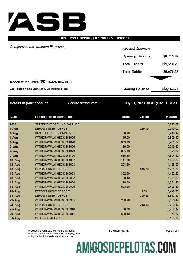 Em branco ASB Bank Company Statement modelo Word e PDF